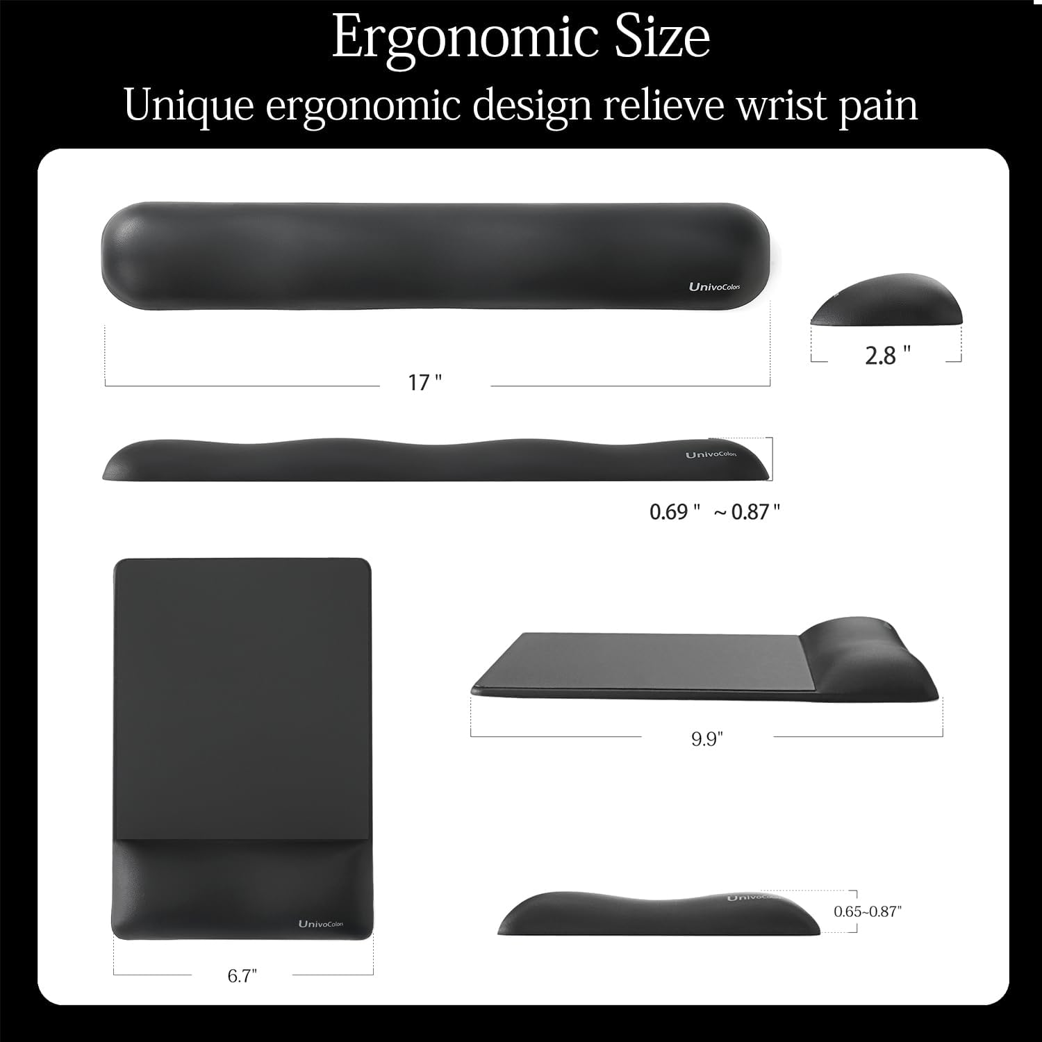 UnivoColors Design-Wave Set of Keyboad Wrist Rest & Mouce Pad,Artificial Sheepskin+Memory Foam+Ergonomic+Anti-Slip Gel, Resilience Support During Work and Gaming,Keyboard Accessory,Black