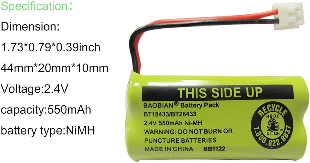 BT18433 BT28433 Cordless Phone Battery Compatible with AT&T/Lucent BT-18433 BT-184342 BT-28433 BT-284342 BT-6010 BT-8000 BT-8001 BT-8300 Empire CPH-515D CPH515D 2.4V 550mAh Ni-MH(Pack of 3)