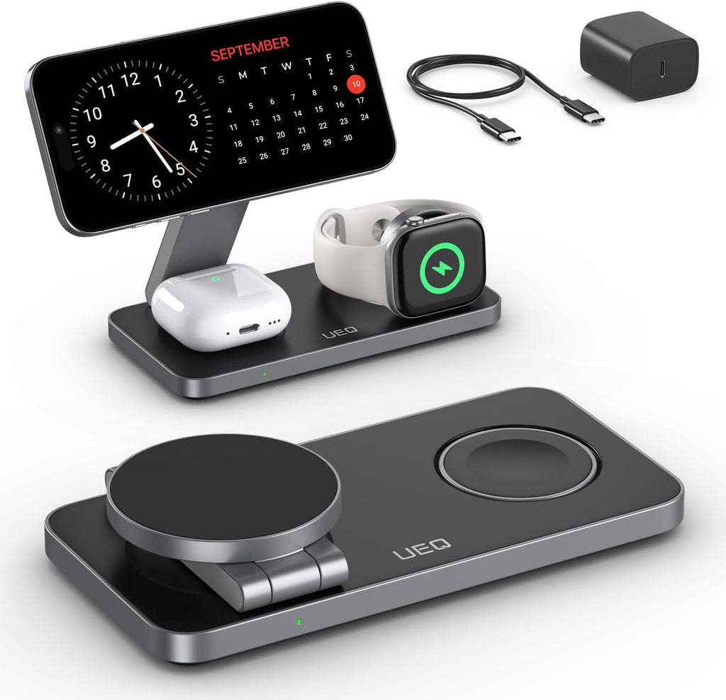 Foldable 3 in 1 Wireless Charging Station for Apple Compatible with Magsafe Charger Stand,Magnetic Wireless Charger Station for iPhone 15 14 13 12 Series,Airpods Pro,Apple Watch Ultra (Pure Black)