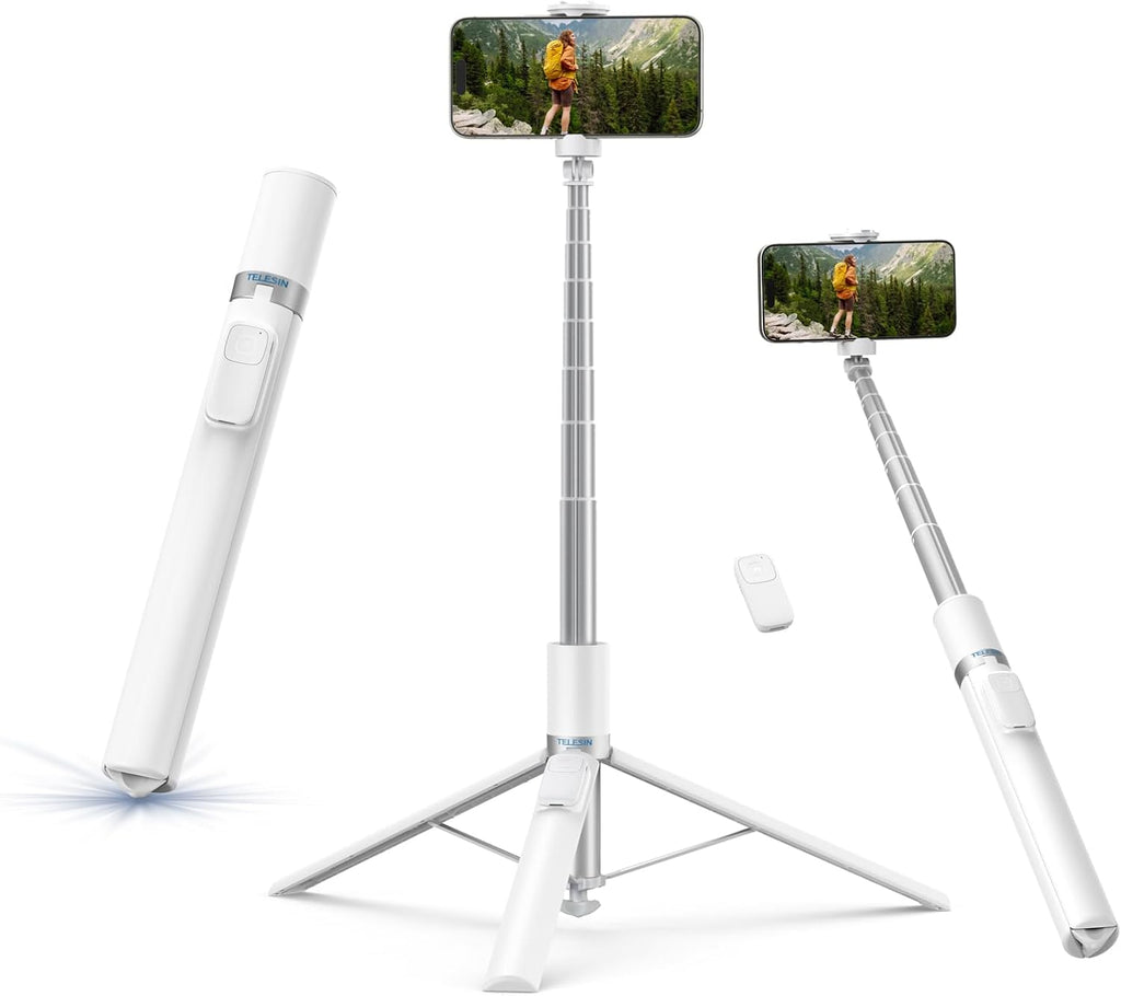 TELESIN 70" Phone Tripod Stand, Gravity-Activated Auto-Open Selfie Stick, Extendable Cell Phone Stand with Magnetic Bluetooth Remote, 360° Adjustable Travel Phone Tripod for iPhone/Android