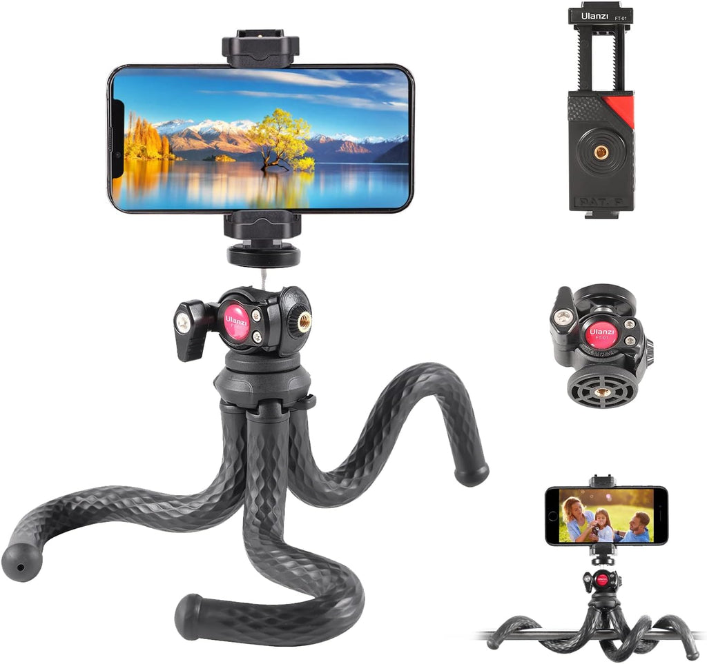 ULANZI FT-01 Phone Tripod with Holder, Mini Camera Flexible Tripod Stand with Cold Shoe Mount, 1/4'' Screw for Magic Arm, Universal for iPhone 16 15 Pro Max XS Max X 8 Samsung Canon Nikon Sony Cameras