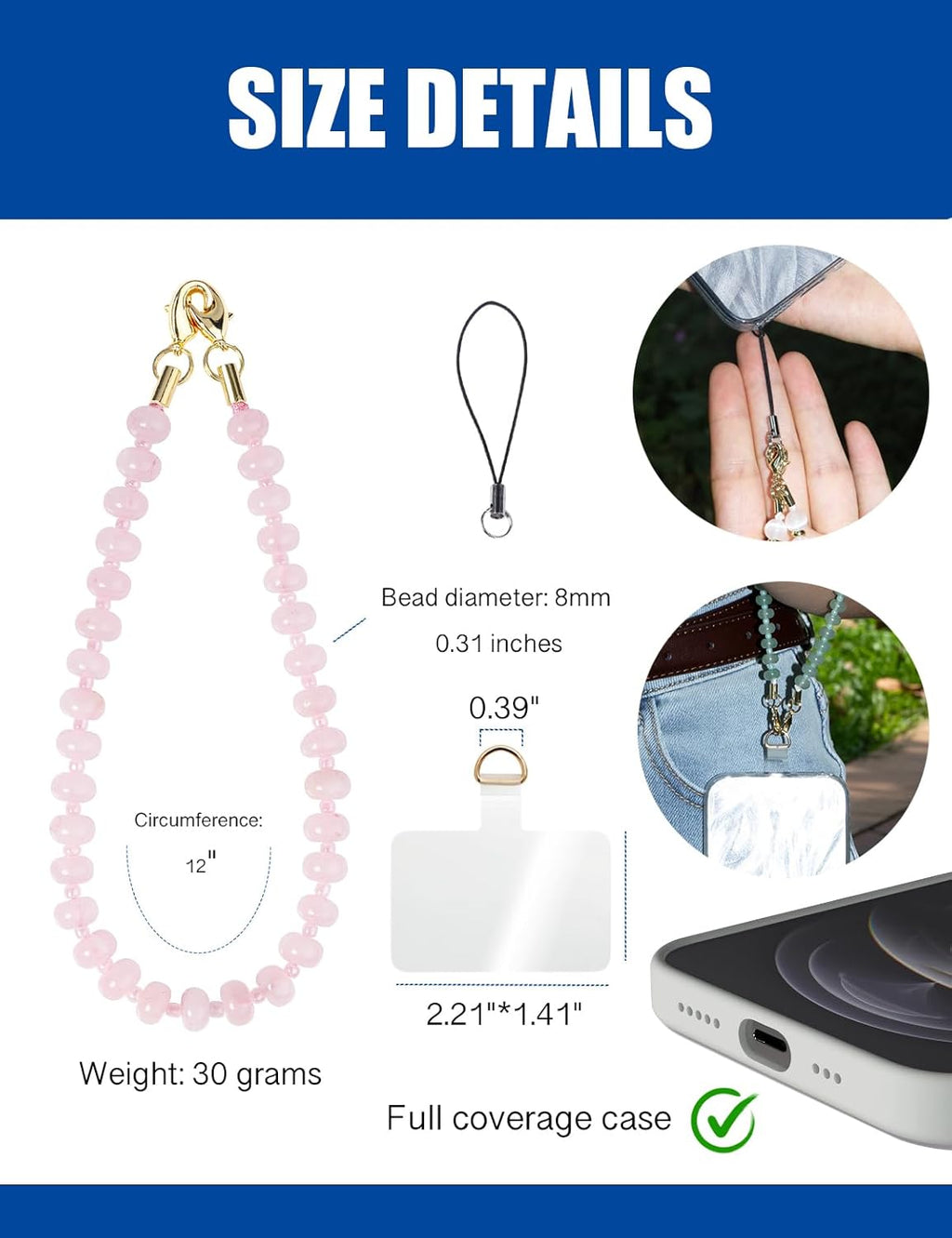 Handmade Natural Gemstone Gold Beaded Charm Cell Phone Camera Lanyard, Wrist Strap, Phone Chain String, Keychain Decor for Wallet, Stanley Cup Accessories (Rose Quartz)