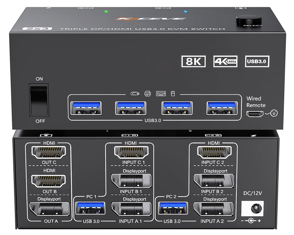 HDMI Displayport KVM Switch 3 Monitors 2 Computers 8K@60Hz/4K@144Hz, USB3.0 KVM Switches for 2 PC Sharing Triple Monitor and Keyboard Mouse with Power Adapter,Wired Extend Controller and USB3.0 Cables