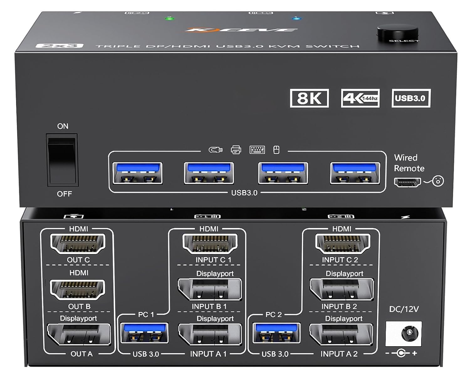 HDMI Displayport KVM Switch 3 Monitors 2 Computers 8K@60Hz/4K@144Hz, USB3.0 KVM Switches for 2 PC Sharing Triple Monitor and Keyboard Mouse with Power Adapter,Wired Extend Controller and USB3.0 Cables