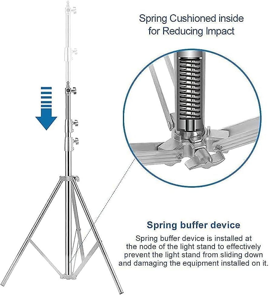Stainless Steel Photography Video Tripod Stand, Spring Cushioned Heavy Duty Tripod Stand, 9.5ft/2.8m, Universal Adapter for Photography Studio Monolight Reflector Portrait