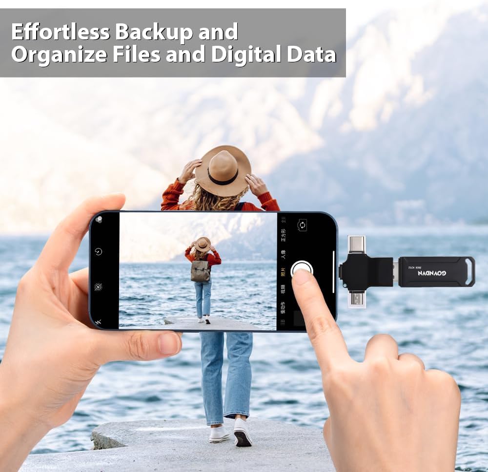 Auto Backup All Devices Photo Stick 128GB Real Capacity, iPhone USB Flash Drive & Backup Storage Memory Stick for Photos, Videos & Contacts, 4-in-1 Thumb Drive for iPhone, iPad, Android, PC, Tablets
