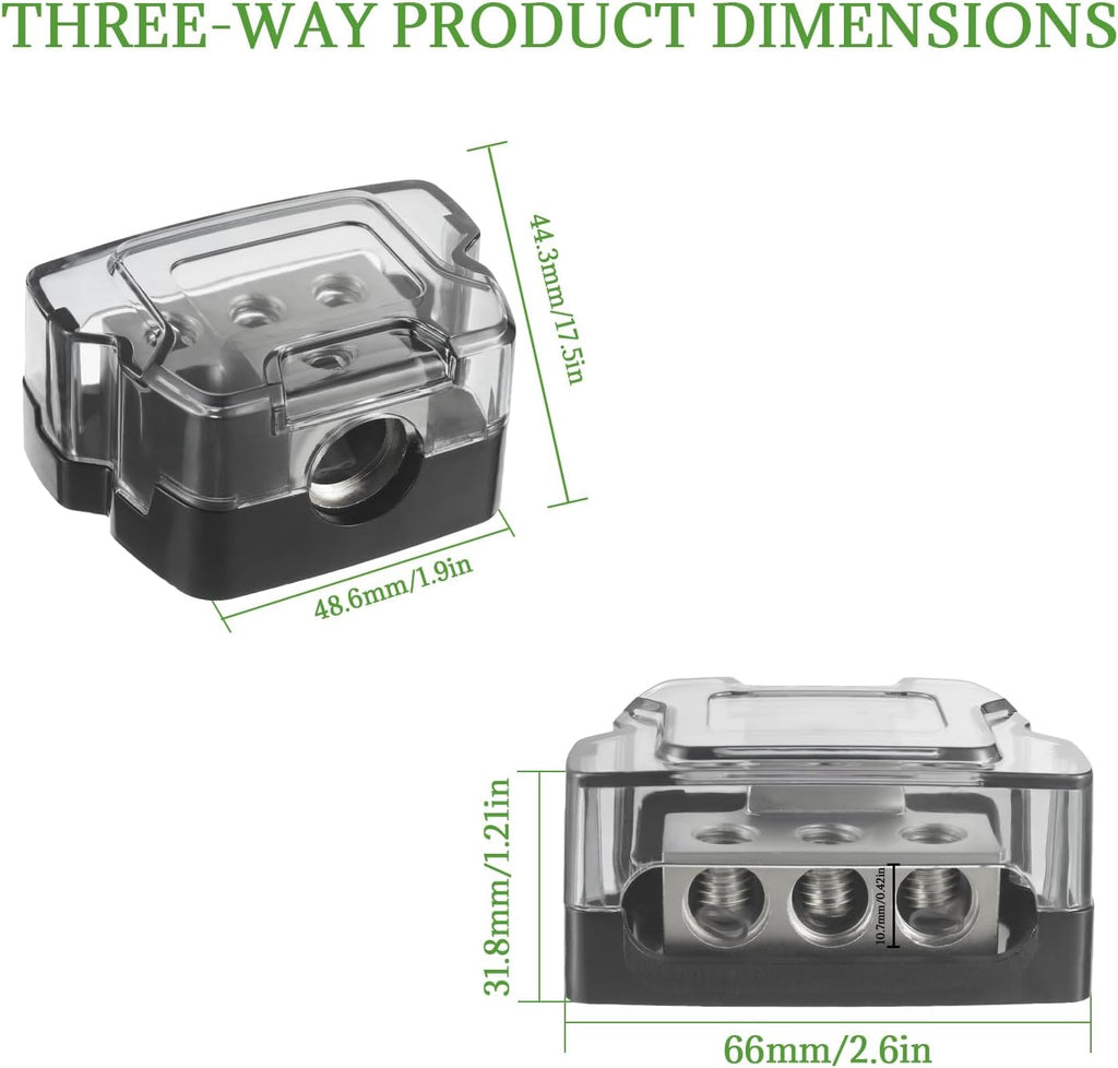 BOJACK 3 Way Power Distribution Connecting Block 1x0/2/4 Gauge Input 3x4/8 Gauge Output Power Distribution Block for Car Amplifier Audio Splitter
