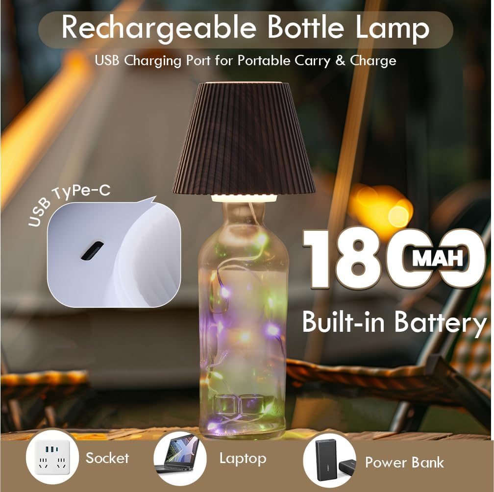 WILIT Wine Bottle Lights - 3-Level Brightness Rechargeable RGB Lamp Shade for Home Bar Decor, Cordless Table Lamp for Bedroom, Gifts for Her & Him