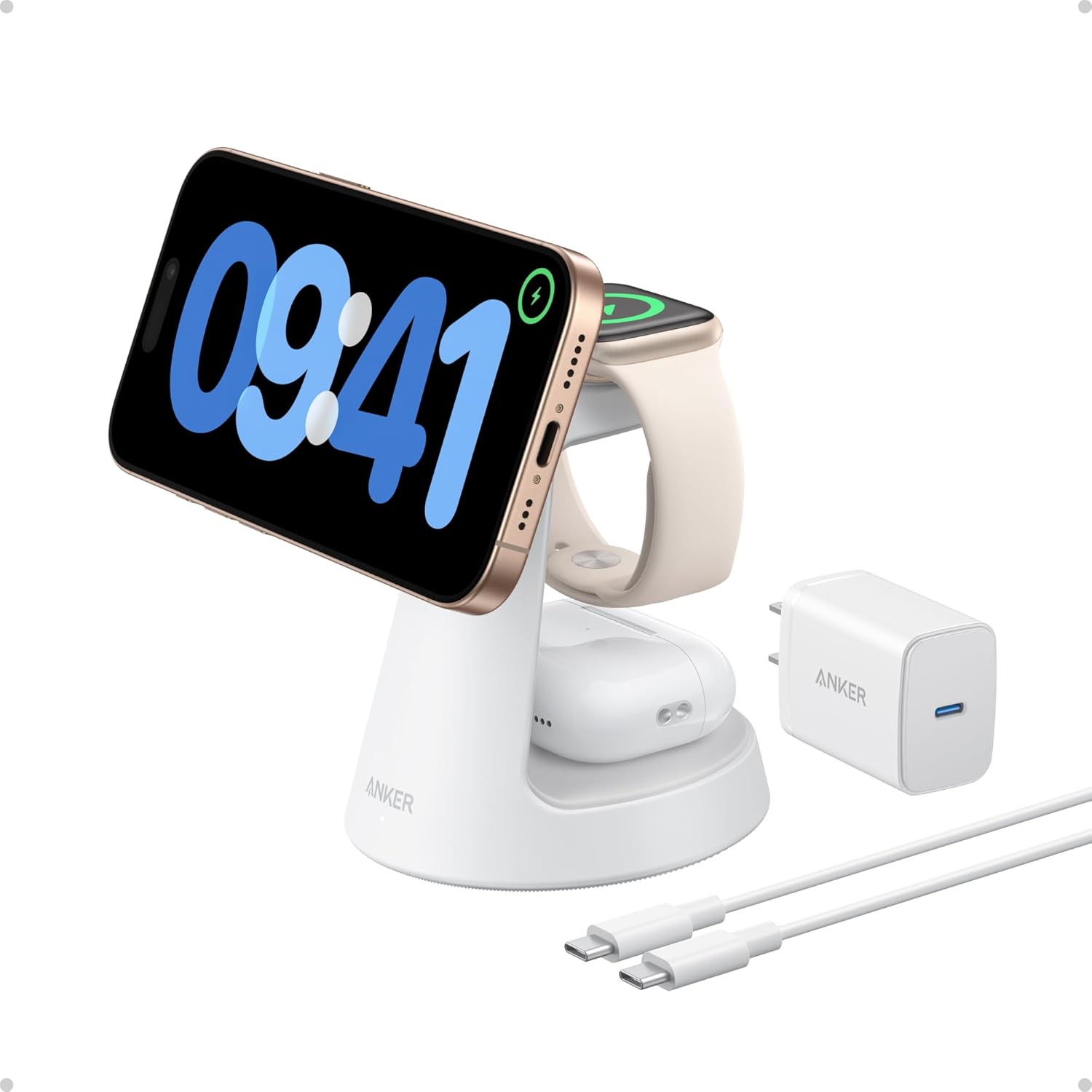 Anker MagSafe Charger Compatible, MagGo 3-in-1 Charging Station, Nano Charging Stand, Qi2 Certified 15W Magnetic Wireless Charger Dock Stand, For iPhone16/15/14, Apple Watch,AirPods (Adapter Included)