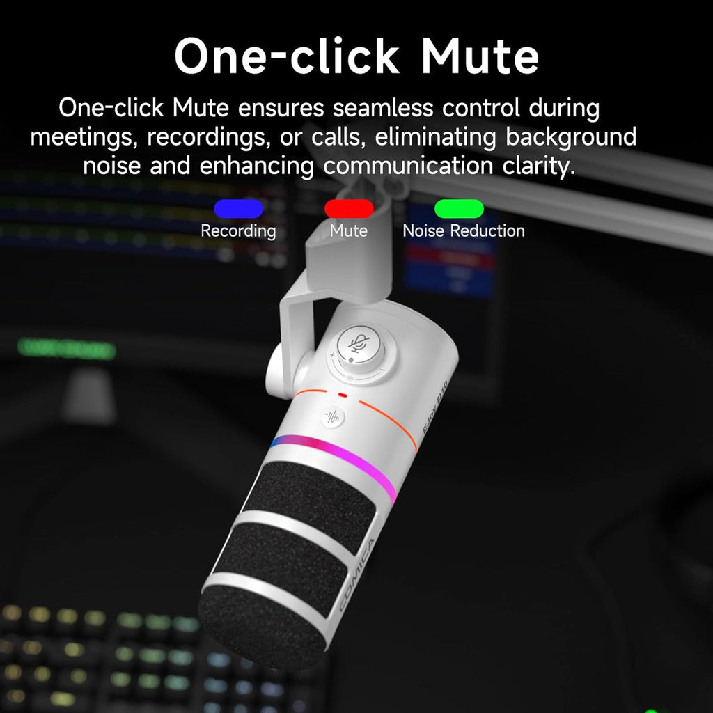 COMICA EJoy D10(A) USB Gaming Microphone – Boom Arm Mic with Noise Cancellation, XLR/USB-C, Real-Time Monitoring, Muting, RGB Professional Studio Mic for Gaming, Streaming, Podcast, Recording (White)