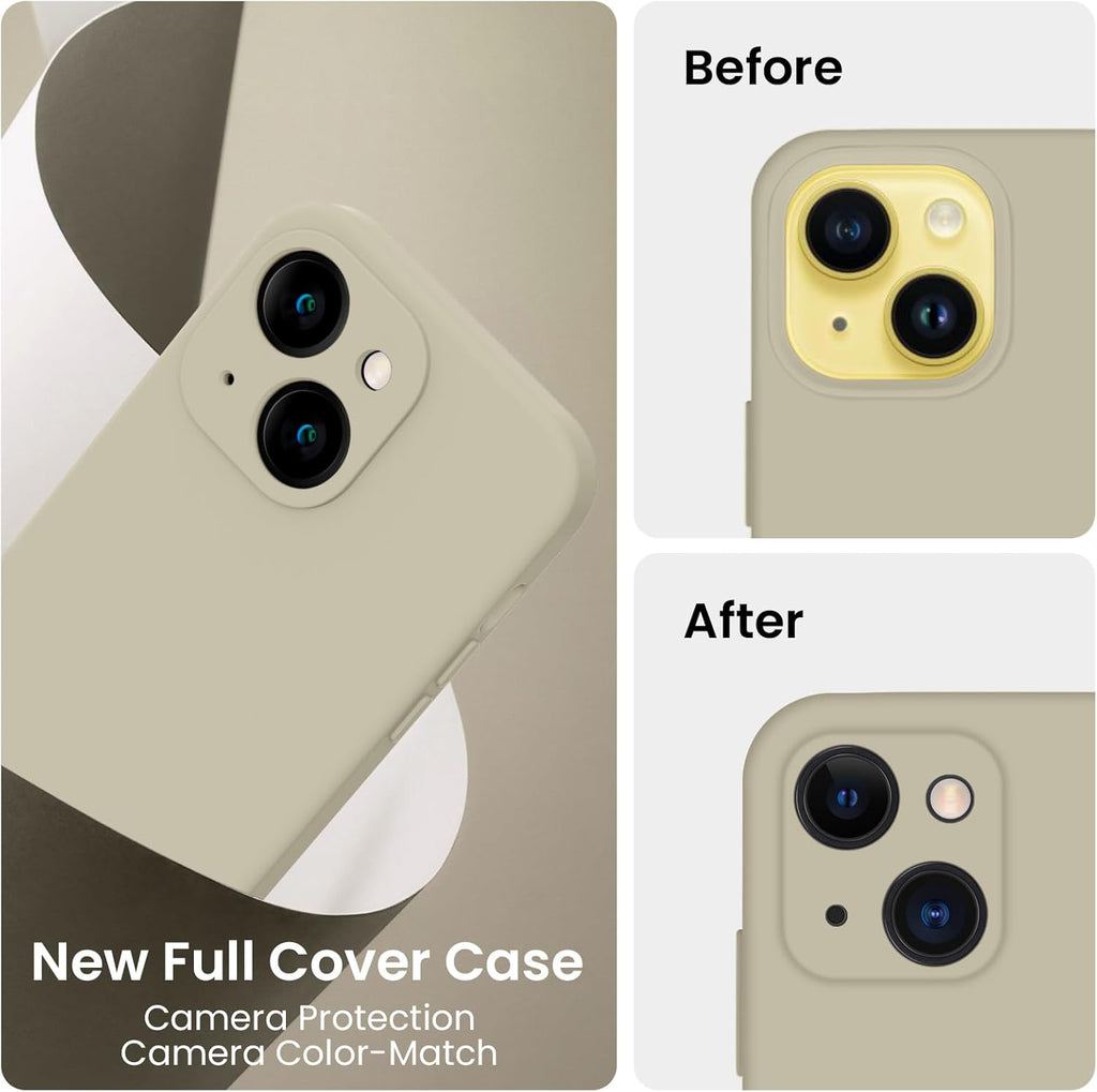 FireNova Designed for iPhone 14 Case, Silicone Upgraded [Camera Protection] Phone Case with [2 Screen Protectors], Soft Anti-Scratch Microfiber Lining Inside, 6.1 inch, Khaki