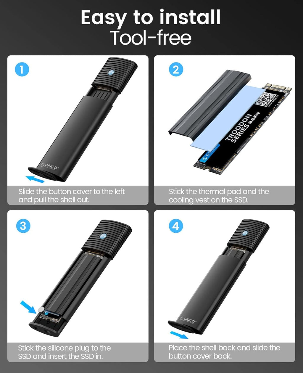 ORICO M.2 NVMe SATA SSD Enclosure Adapter Tool-Free, USB C 3.2 Gen 2 10Gbps NVMe, 5Gbps NGFF SATA PCIe M-Key(B+M Key) 2230/2242/2260/2280, Aluminum External M2 Reader Support UASP Trim- BK(G2A)