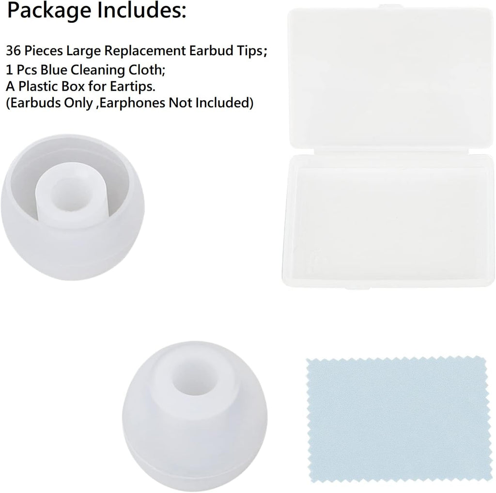 36 Pieces Large Earbud Tips Soft and Comfortable Ear Bud Replacement Pieces Silicone Fit Most in-Ear Headphones，Inner Hole 3.8mm -5.5mm，Large Clear White Replacement Earbuds Silicone Tips