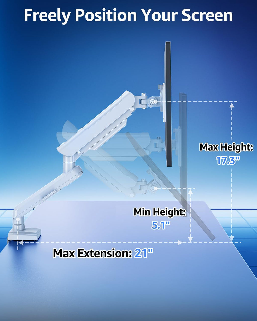 Single Monitor Mount for 22 24 27 32 inch Screen, Gas Spring Arm Holds 4.4-22 lbs, Monitor Desk Mount, Gaming & Home Office Use, VESA 75x75mm & 100x100mm, Freelift Pro White