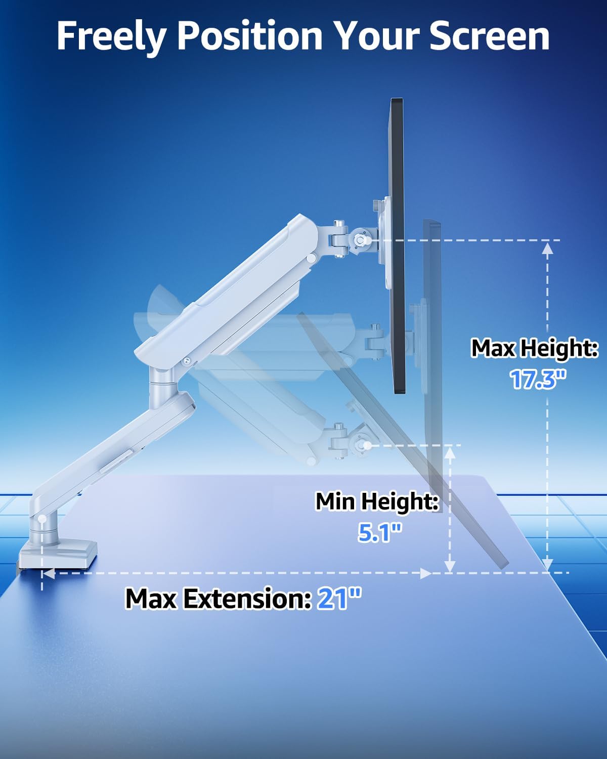 Single Monitor Mount for 22 24 27 32 inch Screen, Gas Spring Arm Holds 4.4-22 lbs, Monitor Desk Mount, Gaming & Home Office Use, VESA 75x75mm & 100x100mm, Freelift Pro White