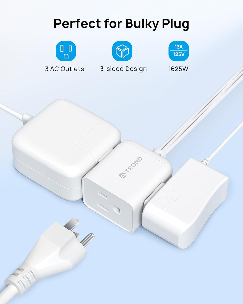 TROND Short Extension Cord 1.5ft with 360° Rotating Flat Plug, Low Profile Small Power Strip, Three Prong 3 Way Grounded Outlets, 13A, SPT 16/3 AWG Cable for Indoor Home Office Cruise Travel, White