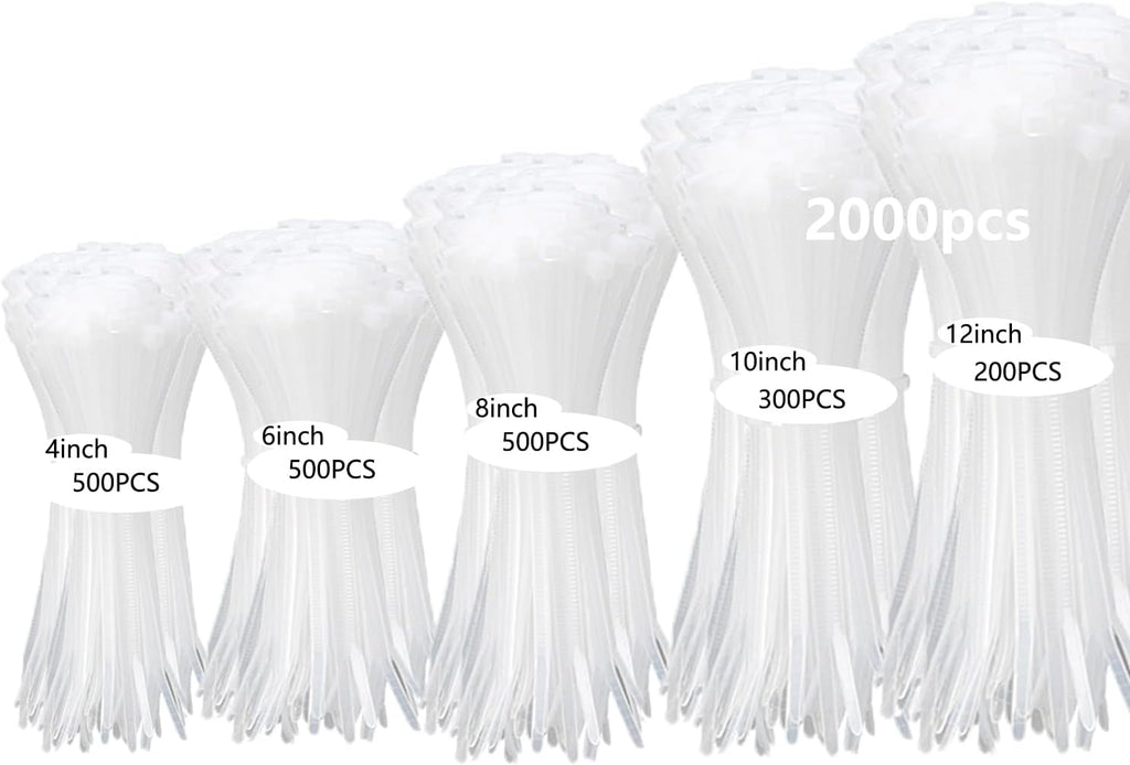 2000 PCS Zip Ties Assorted Sizes 4+6+8+10+12 Inch Self-locking Nylon Cable ties Heavy Duty Outdoor, UV Resistant Wire Straps for Home Office Garden Workshop Indoor Outdoor Fence((White)