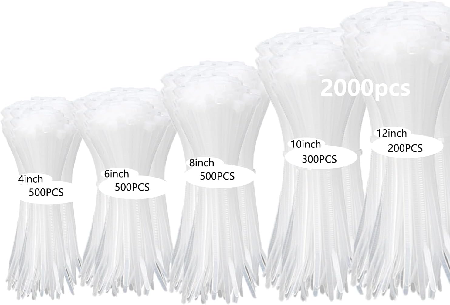 2000 PCS Zip Ties Assorted Sizes 4+6+8+10+12 Inch Self-locking Nylon Cable ties Heavy Duty Outdoor, UV Resistant Wire Straps for Home Office Garden Workshop Indoor Outdoor Fence((White)