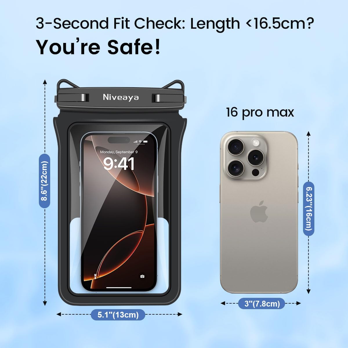 Niveaya Double Space Waterproof Phone Pouch - 2 Pack, Waterproof Phone Lanyard Case with iPhone 16/15/14/13/12 Pro Max up to 8.3", Phone Dry Bag for Vacation Beach Pool Kayak Cruise Travel Essentials