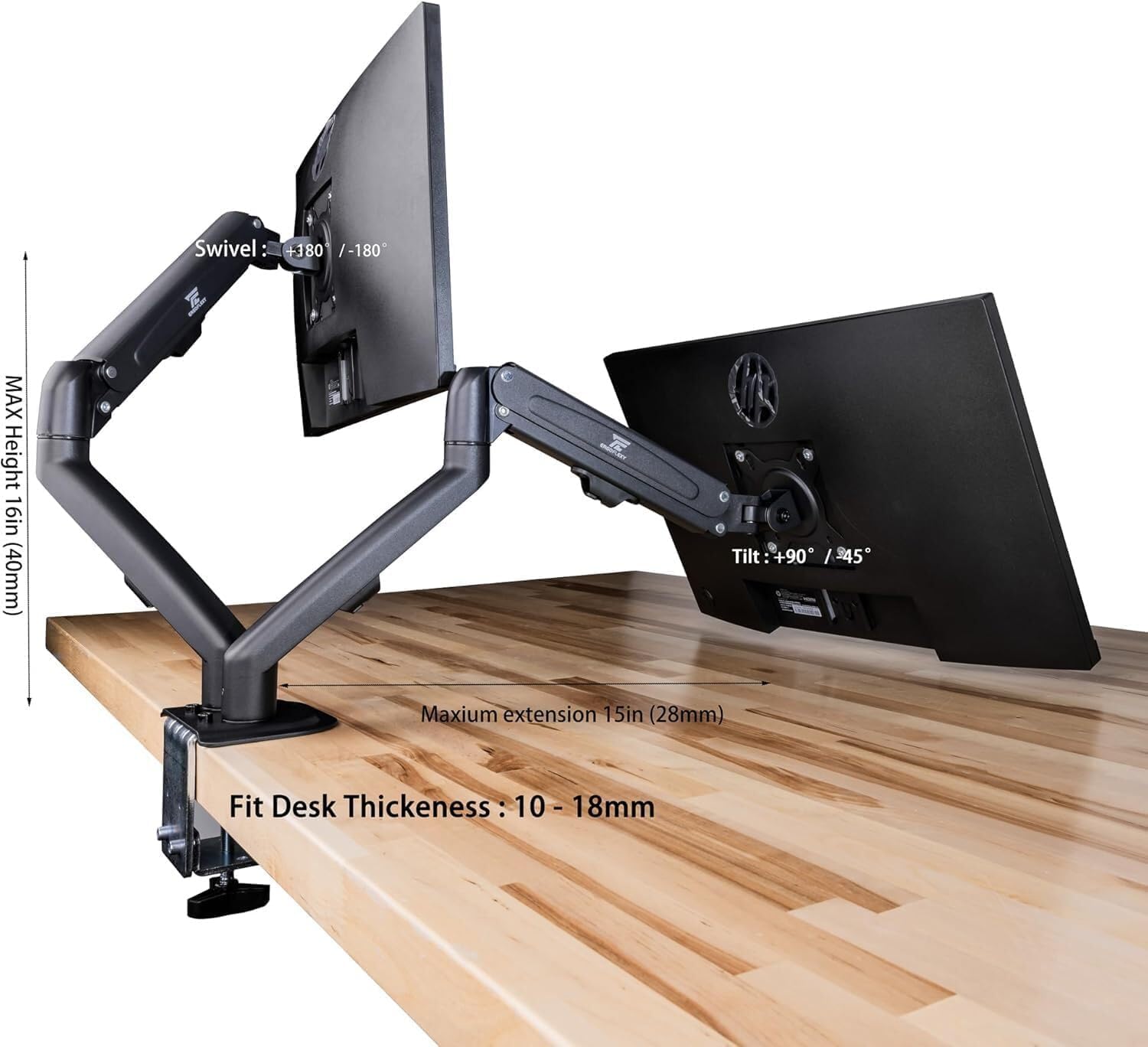 Dell 24" FHD VA (1920x1080) 60Hz Flicker Free Monitor, Anti-Glare Display, 1 x DisplayPort, 1 x VGA, VESA Mount (100x100mm), Home & Business, Black (2025) & ErgoFlexy Dual Monitor Mount(2Pack)