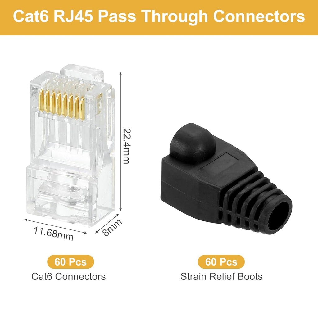 MECCANIXITY 60pcs Cat6 RJ45 Pass Through Connectors, RJ45 Connector 8P8C Gold Plated Plugs with 60pcs Black Strain Relief Boots for Solid or Stranded UTP Ethernet Cable, 1.1mm