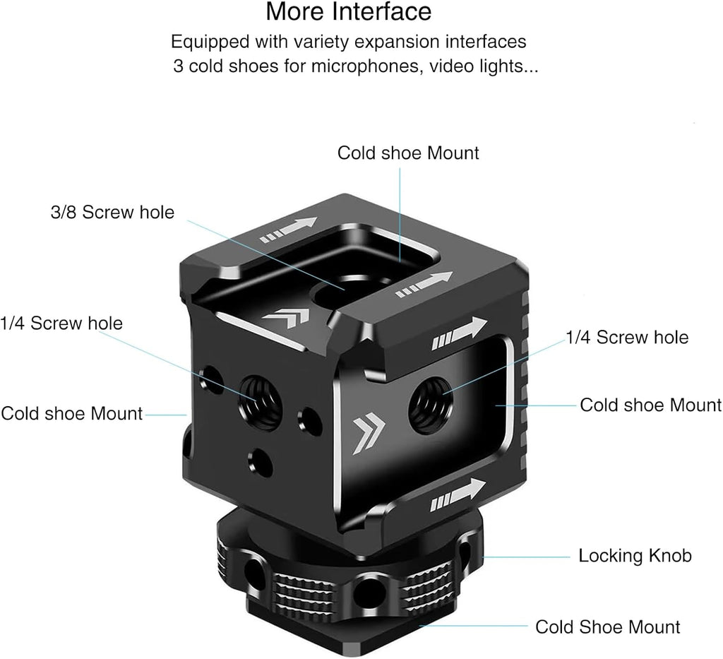 3 Port Cold Shoe Mount with 1/4"-20 Thread for Camera Cage Flash LED Monitor Microphone etc., Aluminum Camera Triple Cold Shoe Extension Bracket Compatible with Nikon, Canon, Sony..DSLR/SLR