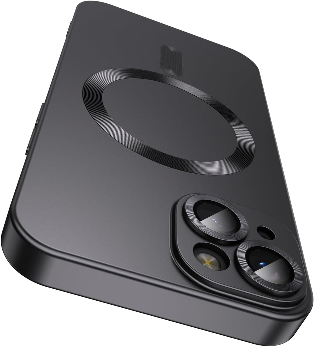 Magnetic for iPhone 15 Case [Compatible with MagSafe][Built-in Camera Lens Protector] Slim Soft Silicone Bumper Shockproof Metallic Shine Phone Case (Black)