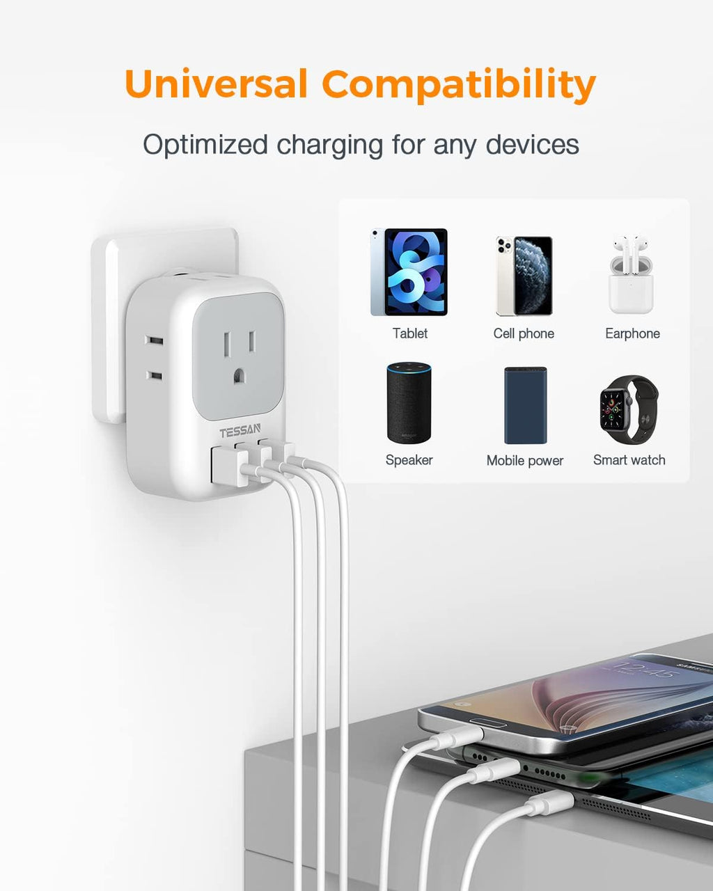 TESSAN USB Charger Block, Wall Plug Adapter with Electrical 4 Box Splitter 3 USB Wall Charger Ports, Multi Plug Outlet Extender Charging for Cruise, Travel, Office, Dorm Essentials