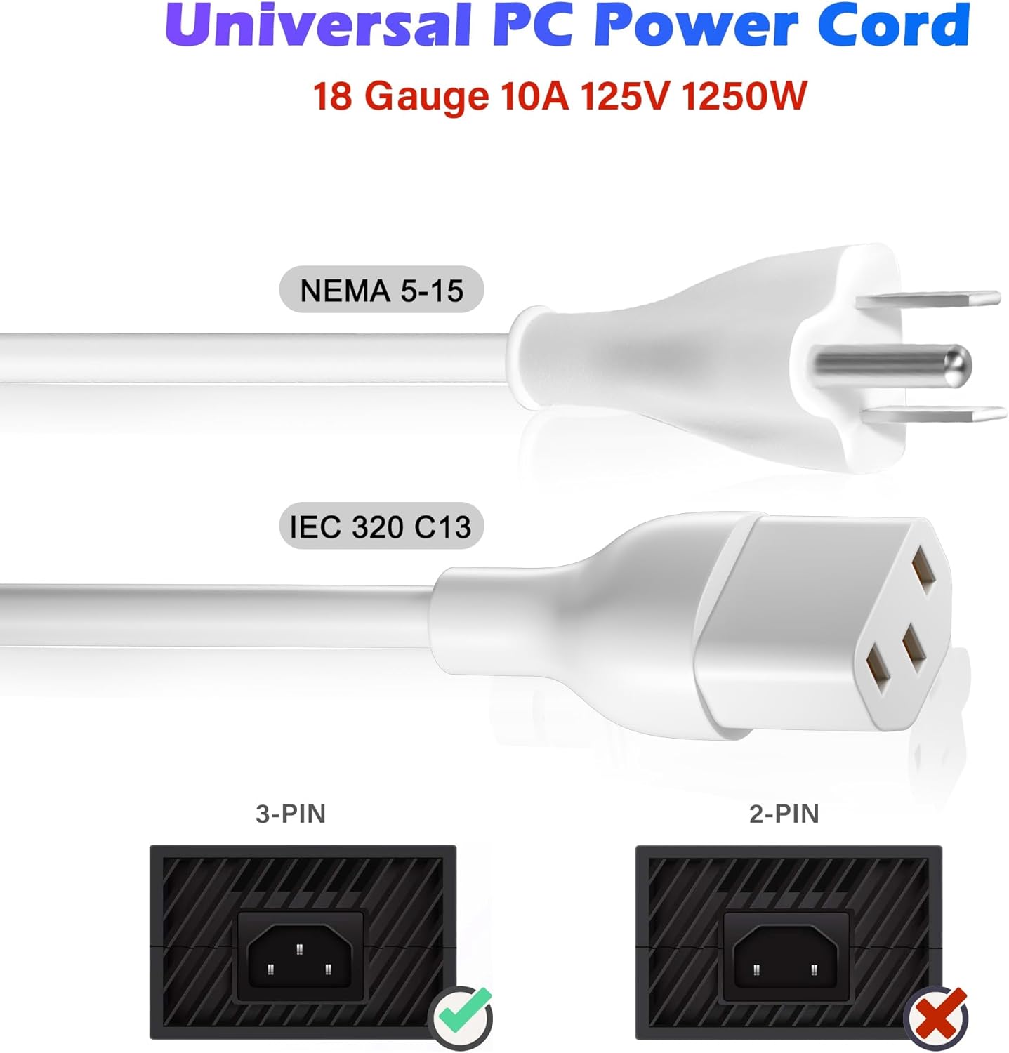 Adoreen 6 Ft Computer TV Replacement Power Cord White, 18AWG 3-Prong AC Universal Power Supply Cable NEMA 5-15P to IEC 320 C13 for Printer, PC, Monitor TV LCD, ETL+Ties