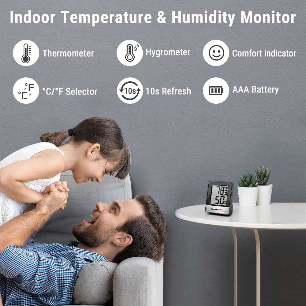 ThermoPro TP49 2 Pieces Digital Hygrometer Indoor Thermometer Humidity Meter Room Thermometer with Temperature and Humidity Monitor Mini Hygrometer Black Weather Station