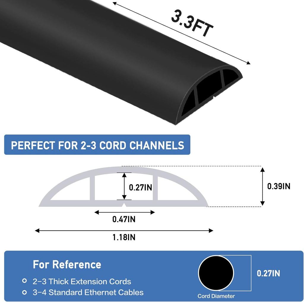 Floor Cord Cover Self Adhesive Cord Hider Floor Extension Cord Covers for Floor Power Cord Protector Cable Management Prevent Cable Trips Cable Cavity 0.47" W x 0.27" H (Black, 3.3Ft)