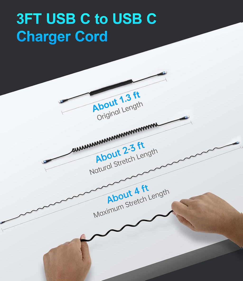 USB C Cable 100W 3FT Coiled USB C to USB C Charger Cable for Car, 2Pack Short Type C Cable Fast Charging Cable for iPhone 16/15/Pro/Plus/Pro Max/Samsung Galaxy S23, Compatible All Type C Devices,Blue