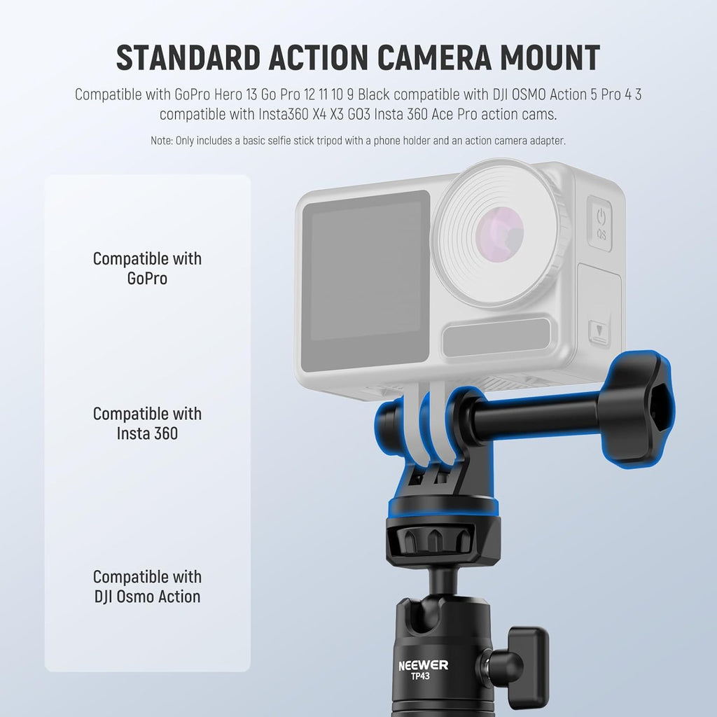 NEEWER Basics Mini Desk Selfie Stick Tripod Compatible with iPhone GoPro Insta360 DJI, Portable Small Camera Webcam Android Cell Phone Holder Ball Head Elevated Axis Video Recording Stand, TP43 Black