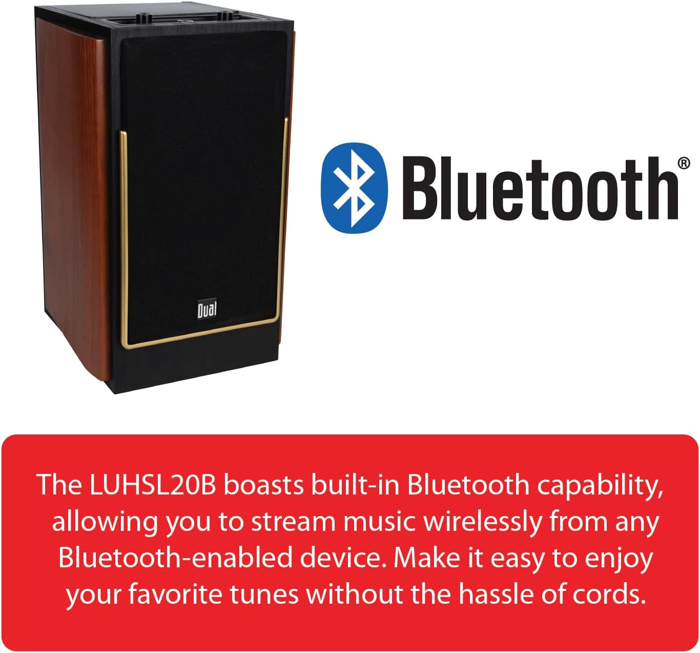 Dual Electronics LUHSL20B Cherrywood and Black 2-Way Bookshelf Speakers with Bluetooth | Home Stereo, PC | Loud & Deep Rich Bass | Wireless Remote Control | Smart Speaker Dock | Sold in Pairs