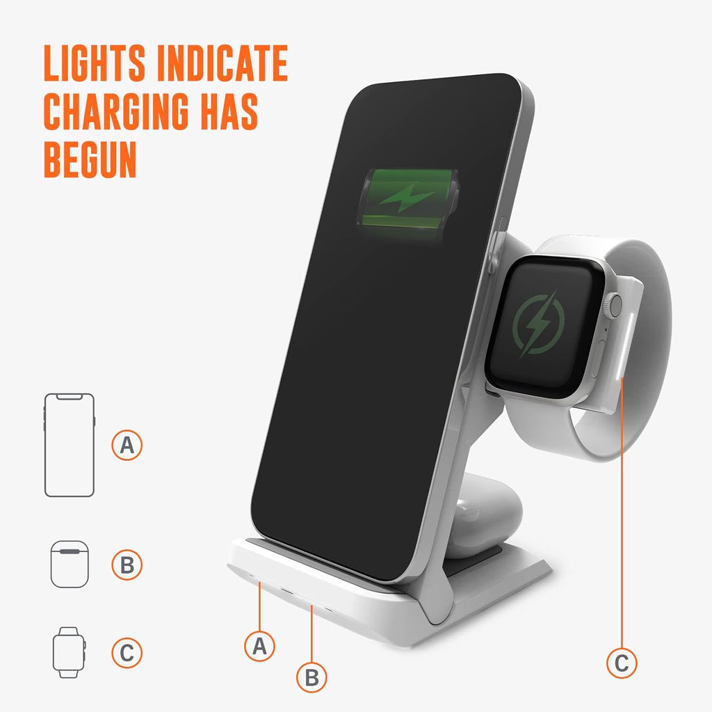 STM ChargeTree Go - 3-in-1 Portable Wireless Charging Station for iPhone, Samsung, Android (15W/7.5W), AirPods (5W), Apple Watch (3W) - Qi Certified - White.