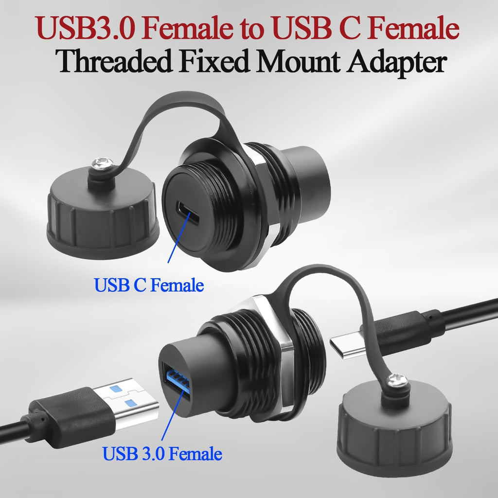 QIANRENON USB 3.0 to USB C Threaded Fixing Waterproof Adapter 5Gbps USB3.0 Female to USB Type C Female Feedthrough Bulkhead Mount Connector Receptacle 5V/1.5A, for Outdoor Data Transfer Charge