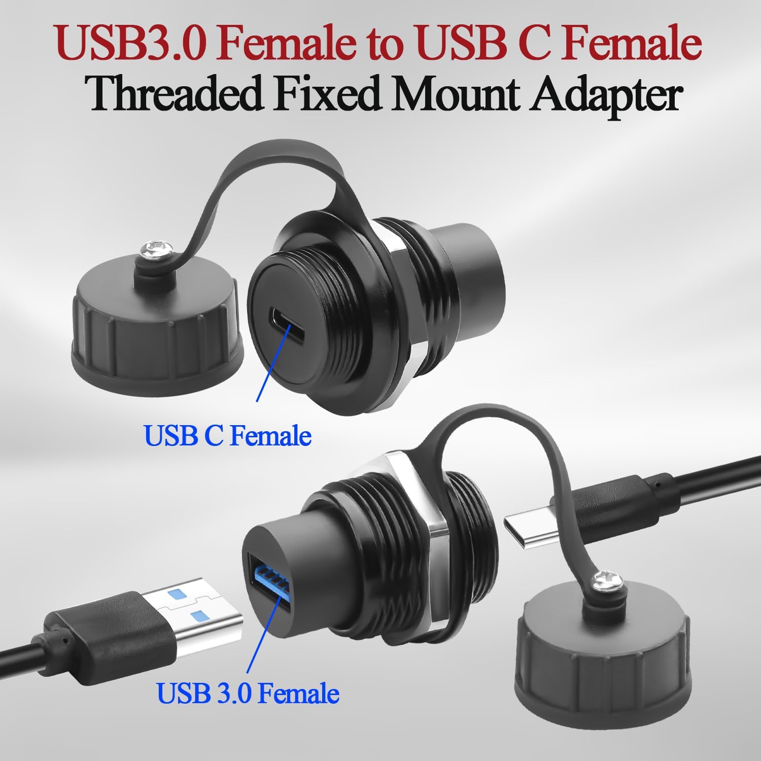 QIANRENON USB 3.0 to USB C Threaded Fixing Waterproof Adapter 5Gbps USB3.0 Female to USB Type C Female Feedthrough Bulkhead Mount Connector Receptacle 5V/1.5A, for Outdoor Data Transfer Charge