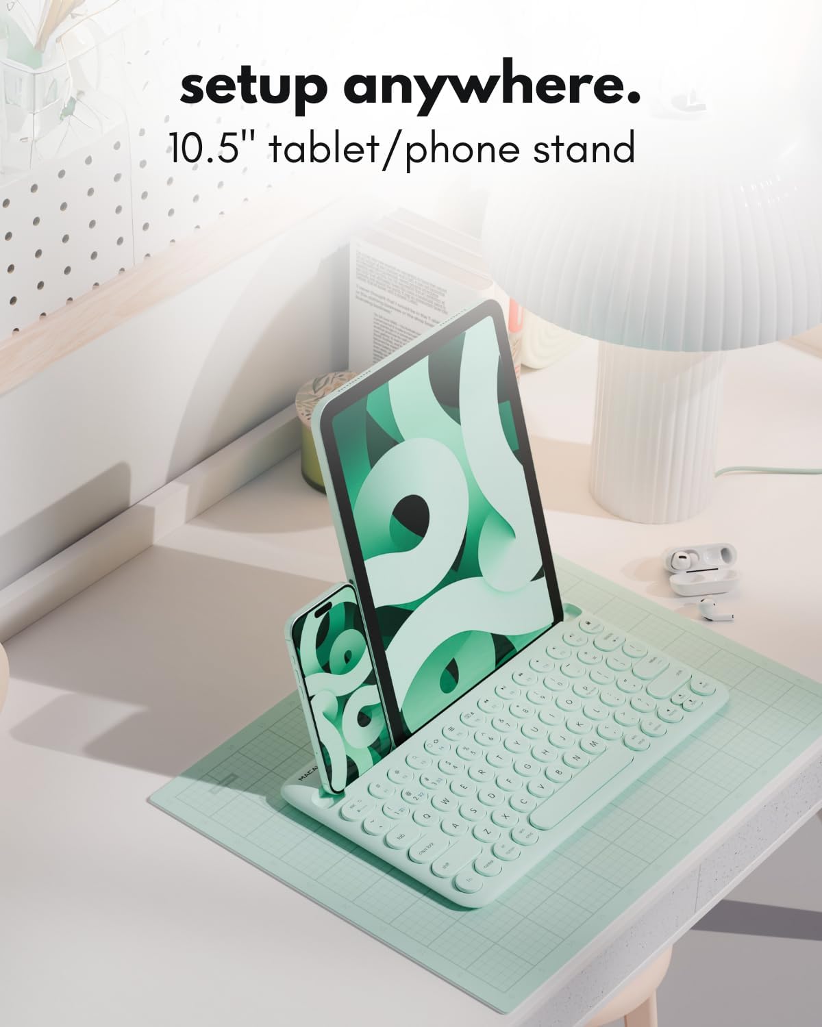 Macally Bluetooth Keyboard for Tablet | Wireless Keyboard for iPad mini/Air/Mini, iPhone (Multi-Device, Built-in Stand, Rechargeable) Easy to Use and Cute Portable - Mint Green