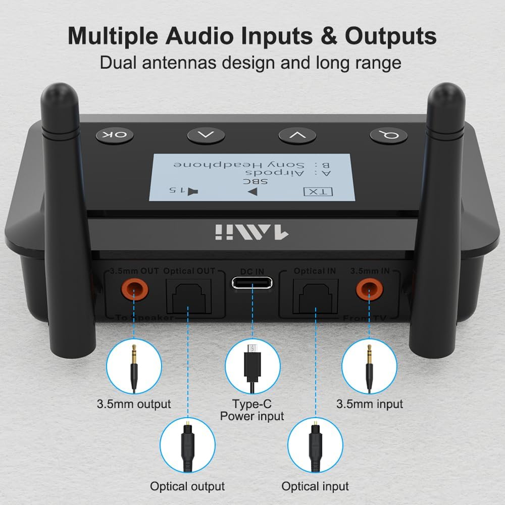 1Mii B03+ Bluetooth Transmitter Receiver for TV Home Stereo, Long Range Bluetooth 5.3 Adapter for TV Audio with Screen, aptX Low Latency & HD & AD, Optical RCA AUX 3.5mm Inputs/Outputs