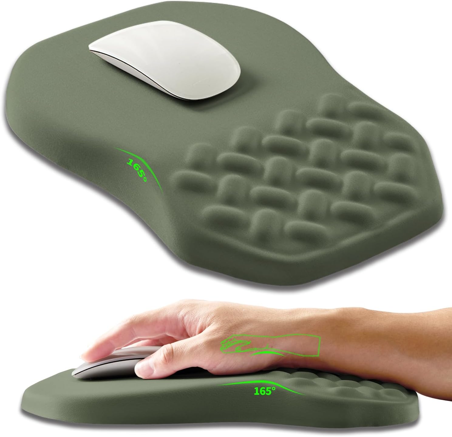 Ergonomic Slope Mouse Pad Wrist Support, Wrist Rest Mousepad for Carpal Tunnel Pain Relief with Massage Bulge and Slow Rebound Memory Foam (12x8 inch, Olive Green)