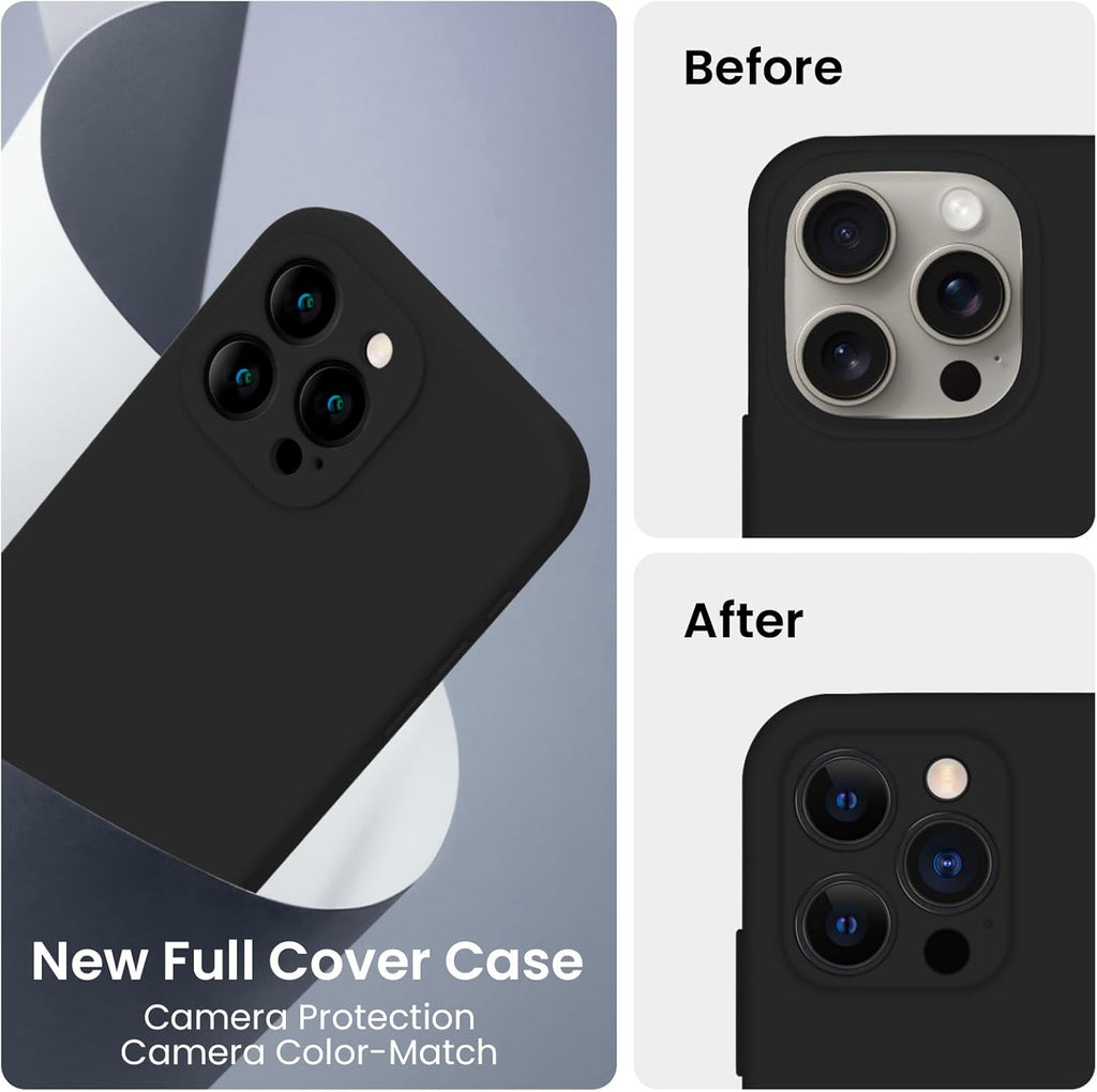 FireNova Designed for iPhone 15 Pro Max Case, Silicone Upgraded [Camera Protection] Phone Case with [2 Screen Protectors], Soft Anti-Scratch Microfiber Lining Inside, 6.7 inch, Black