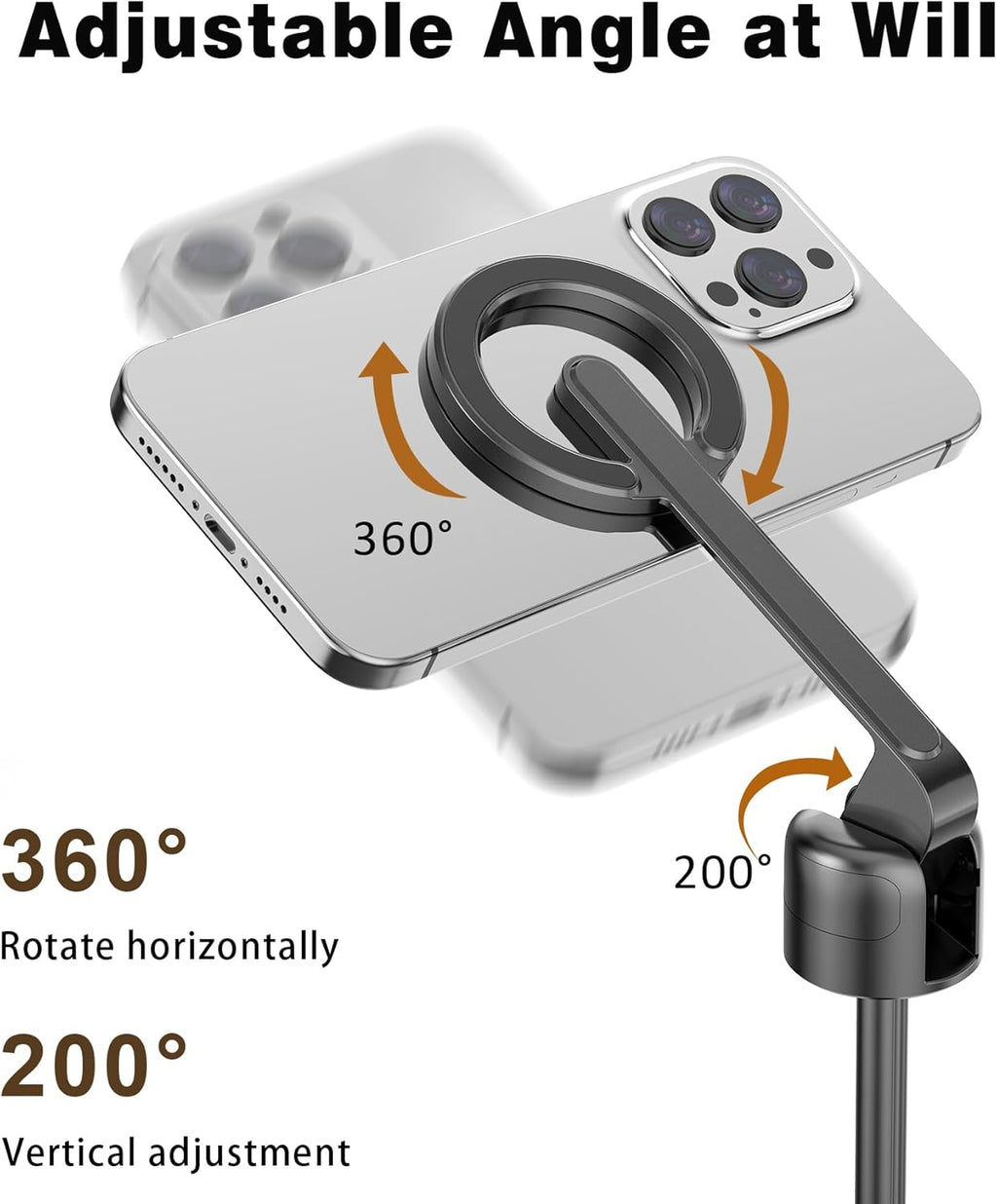 TONEOF 68" Magnetic Selfie Stick Tripod with Aluminum Strong Magnetic Holder for Magsafe, 360° Rotatable Travel Phone Tripod Stand with Metal Ring & Rechargeable Remote for iPhone/Android（Black）