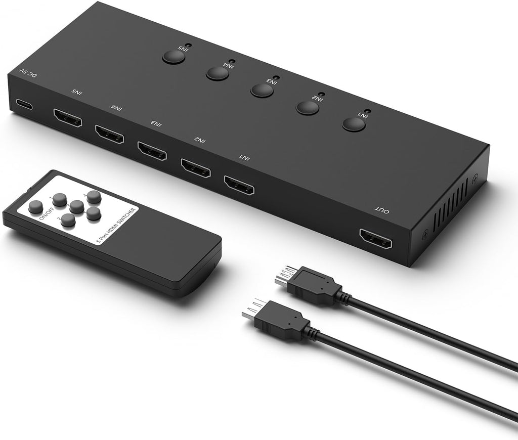 5 Way HDMI Switch 4k@60Hz HDMI Switcher 5 in 1 Out HDCP 2.0 Manual HDMI 2.0 Hub Supports 3D Compatible with Nintendo Switch/Switch OLED/Xbox/ PS5/4/3 Blu-Ray Player Fire Stick Roku Apple TV Chromeca