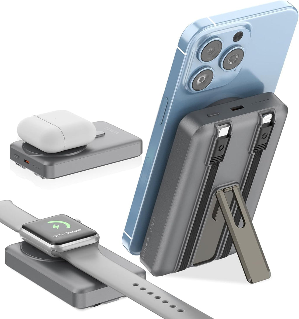 Wireless Portable Charger, 3-in-1 Magnetic Power Bank 10000mAh with USB-C/iOS Cable and Stand, 22.5W Fast Charging Battery Pack, Compatible with iPhone 16/15/14/13/12/Pro/Mini/Pro Max