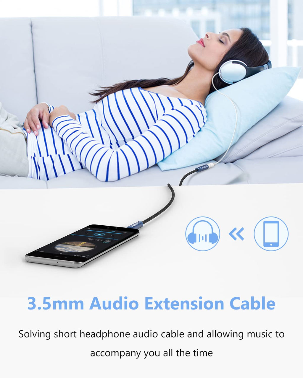 MillSO 3.5mm Headphone Extension Cable Nylon Braided (8 FT/2.4 M) 4 Pole TRRS Male to Female Stereo Aux Audio Extension Cable for PC Smartphone Speaker or More Devices - [Seablue Young Series]