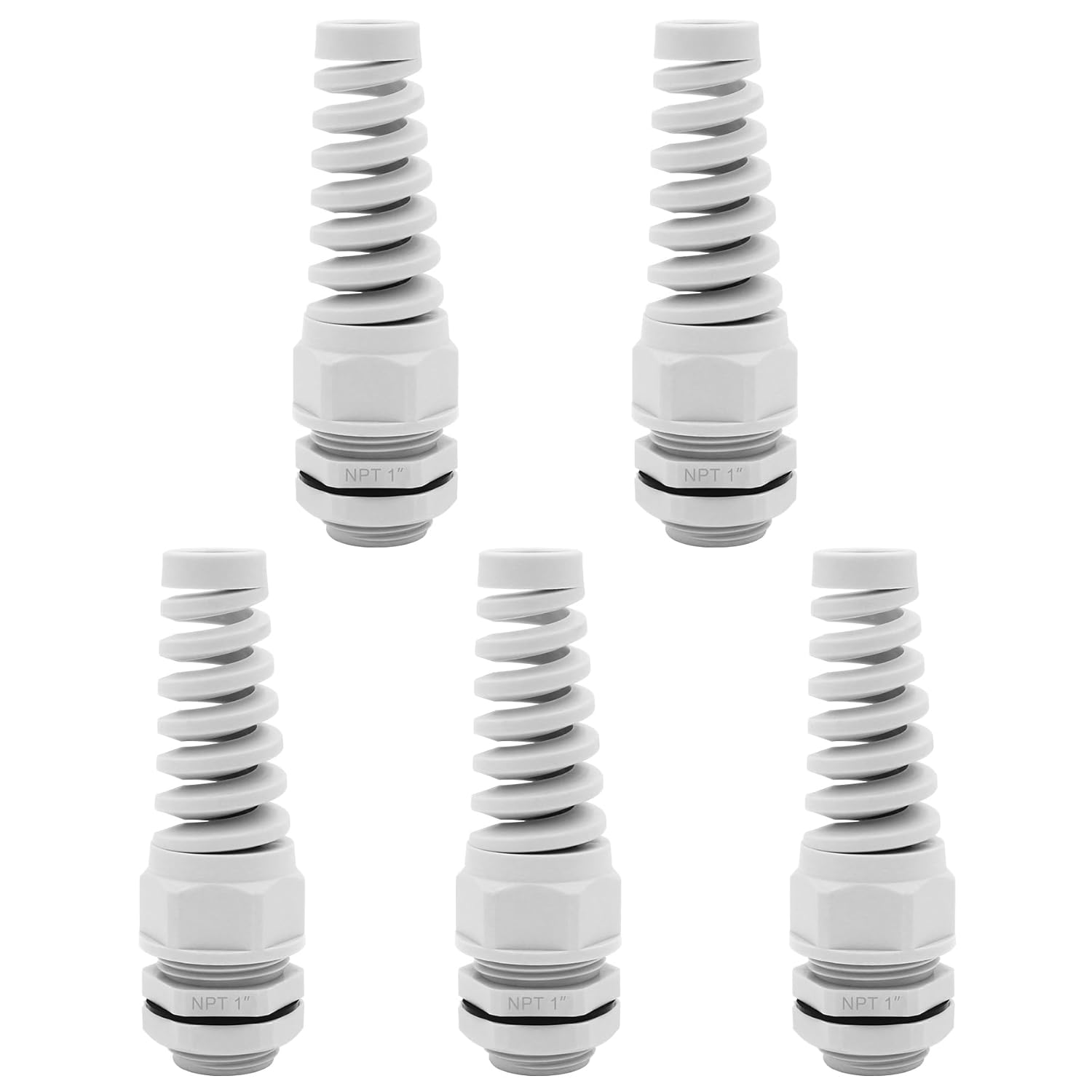 Strain Relief Cord Connector,LISTENJIALE 5Pcs NPT 1" Waterproof Cable Gland Flex Spiral Strain Relief Adjustable 18-25mm Cable Connector Nylon Joint with Gaskets(Grey)