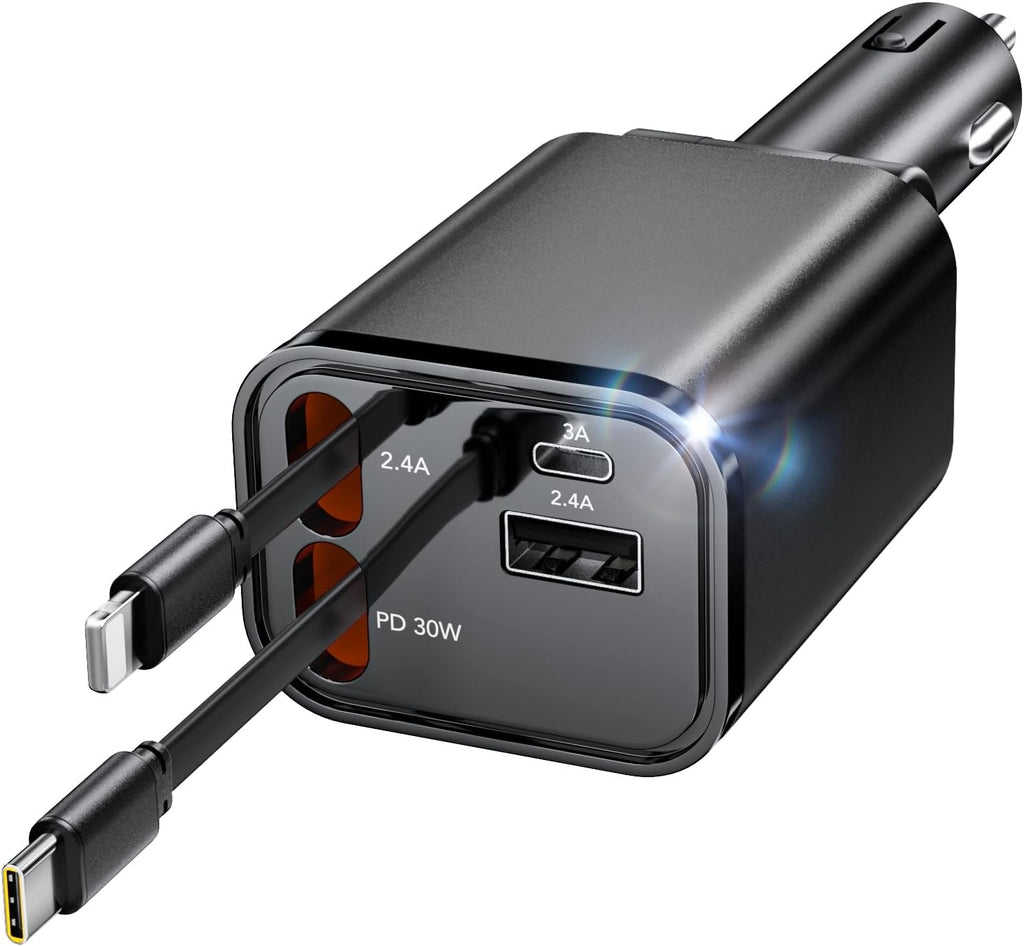 Retractable Car Charger, 4 in 1 Fast Car Charging 60W, Compatible for iPhone 16 Car Travel Essentials Charger, Women Men for Gifts USB C Car Honda Civic Accessories Adapter Compatible for iPhone 16 15