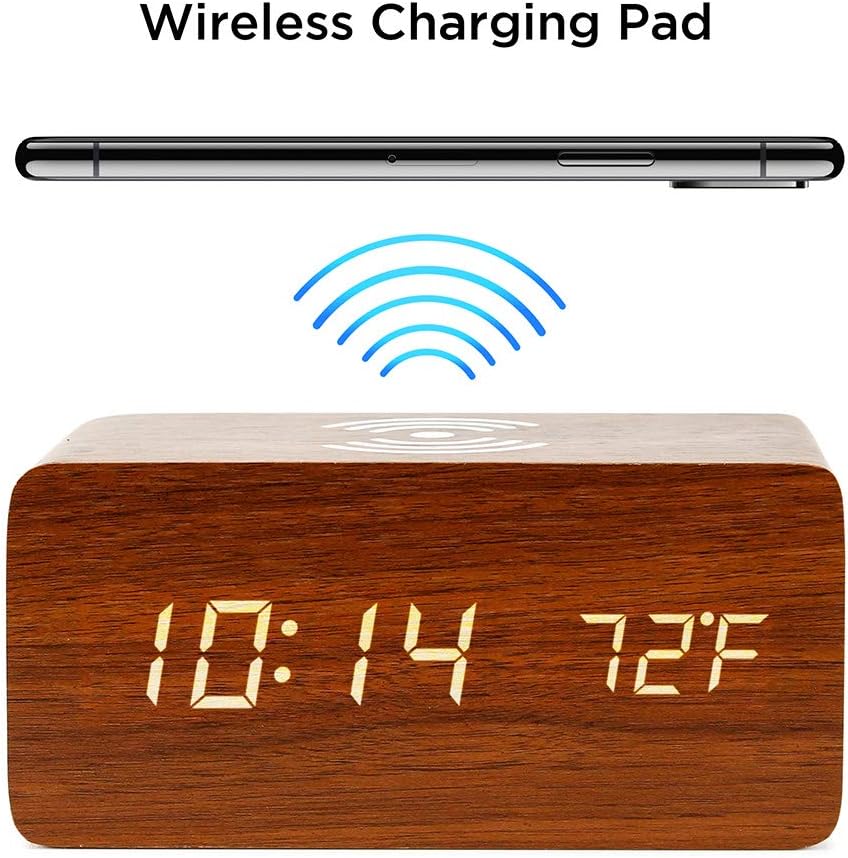 OCT17 Alarm Clock with Qi Wireless Charging Pad Compatible with iPhone Samsung Wood LED Digital Clock Sound Control Function, Time Date, Temperature Display for Bedroom Office Home- Brown