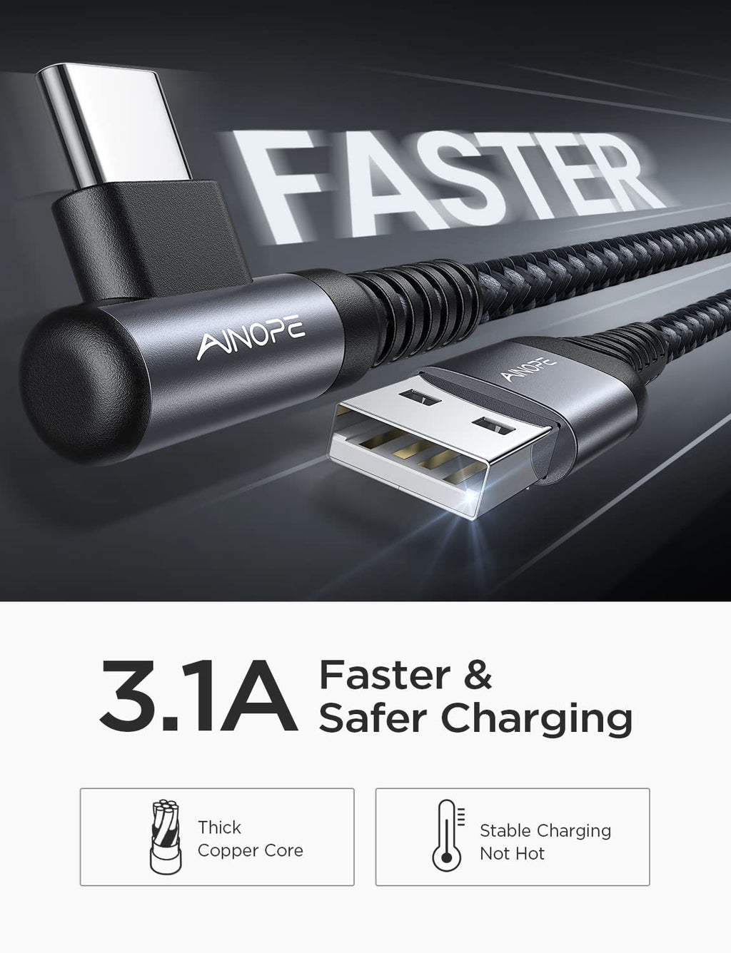 AINOPE USB to USB C Cable [2-Pack, 6.6ft] 3.1A Fast Charger Type C Right Angle, Resistant Nylon Braided C Type Charging Cable Compatible with Galaxy S10 S9 Plus S21, Note 10 9 LG, Type C Charger
