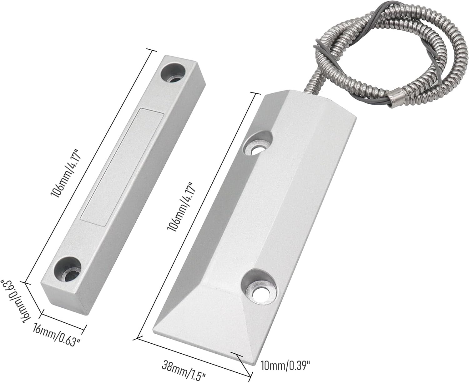 Magnetic Reed Switch Wired Surface Mount Normally Closed NC Contact Sensor Alarm Magnetic Door Switch with 2 Wires, Zinc Alloy Sliver, OC-55
